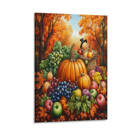 Canvas Wall Art for Bedroom Autumn Harvest Scene with Colorful Fruits And Vegetables Canvas Picture Thanksgiving Cornucopia Illustration Canvas Print for Bedroom Kids Room 8x12inch Framed