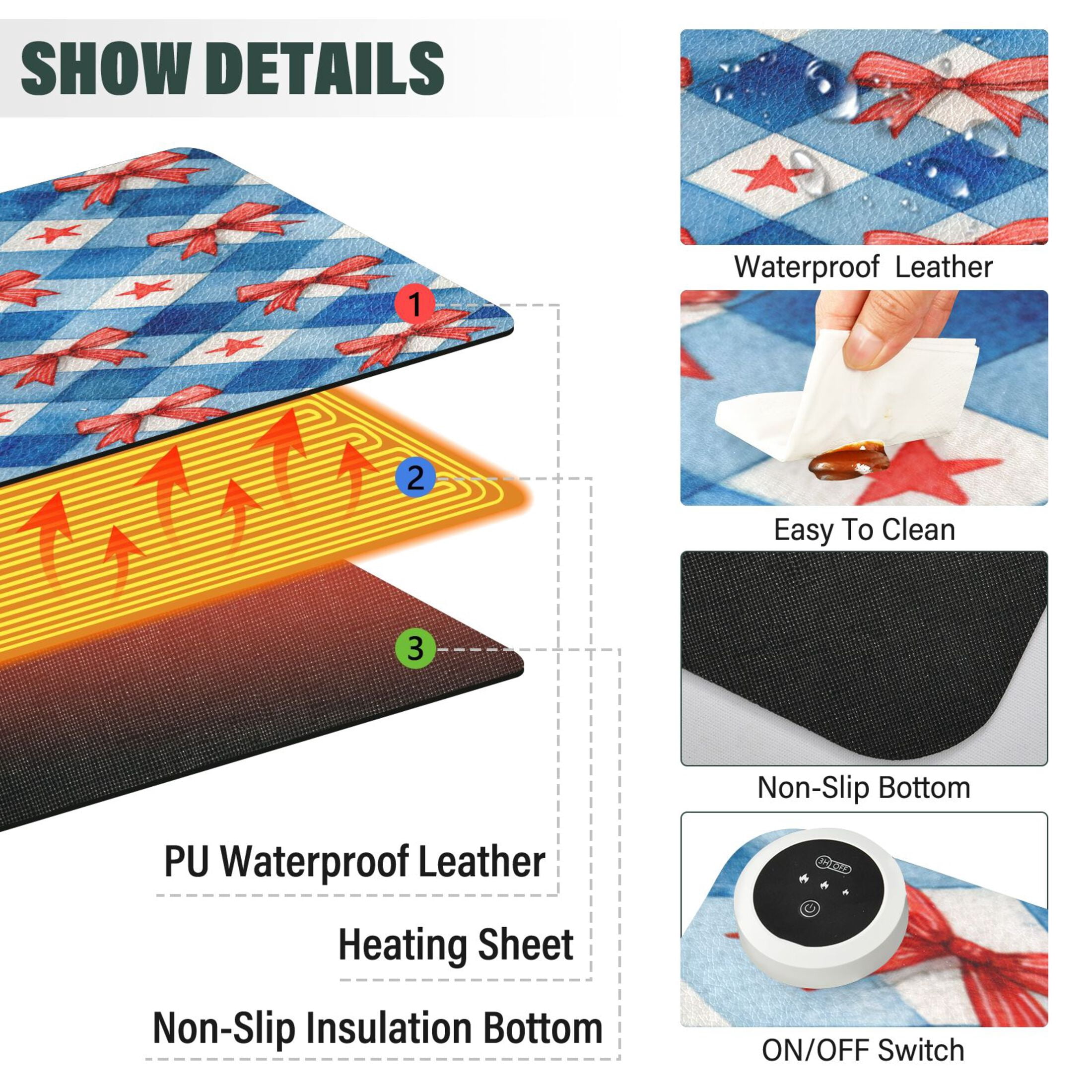 Large Heated Desk Mat Mouse Pad 31.5"x13"PU Leather Graphene Heating Desk Warmer with 3 Temperature Settings 110V US Plug Non-Slip Warm Pad for Home, Office, and Gaming Vibrant Red Bows Pattern
