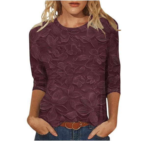 Staron Women's Casual Printed T-Shirt 3/4 Sleeve Round Neck Loose Blouse Fashion Top, Wine 5XL