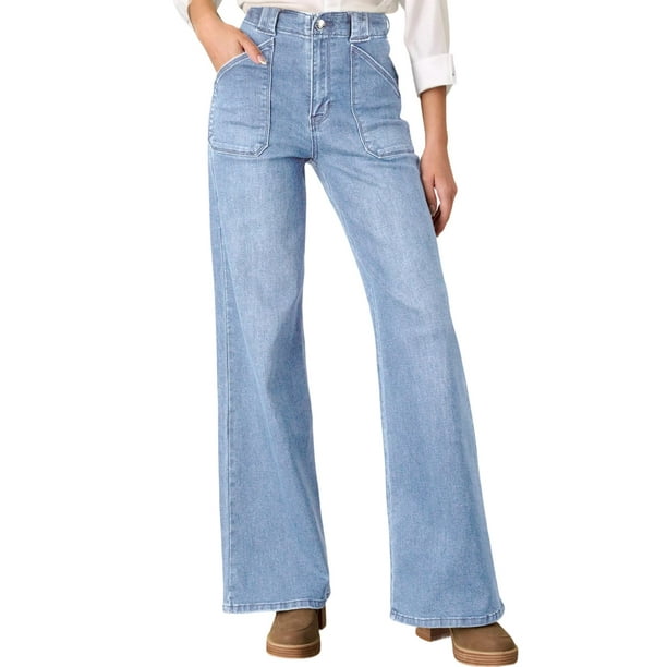 Jeans Astylish para mujer, elásticos, con cintura alta, corte de bota, azul beau