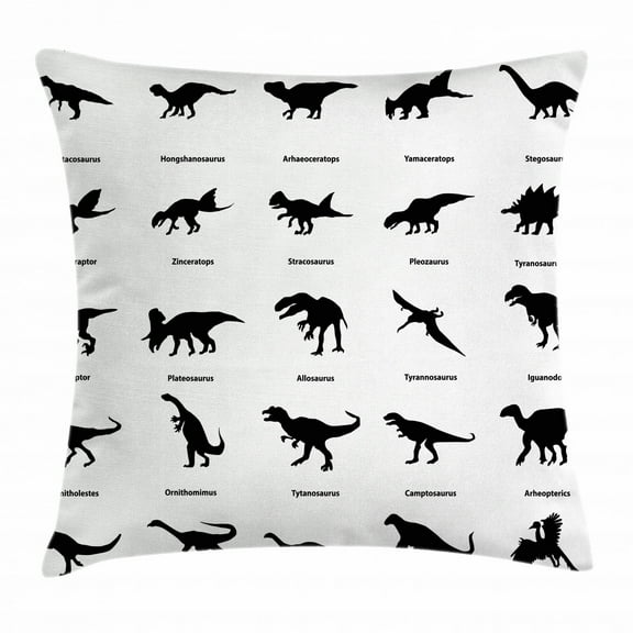 Dinosaur Throw Pillow Cushion Cover, Collection of Different Dinosaurs Silhouettes with Their Names Evolution Wildlife, Decorative Square Accent Pillow Case, 18 X 18 Inches, Black White, by Ambesonne