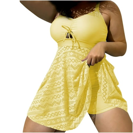 Uaswgudfs Women s Breezy One-Piece Swimsuit with Adjustable Crisscross Straps & Sheer Mesh Skirt Overlay  Lightweight Yellow 2XL