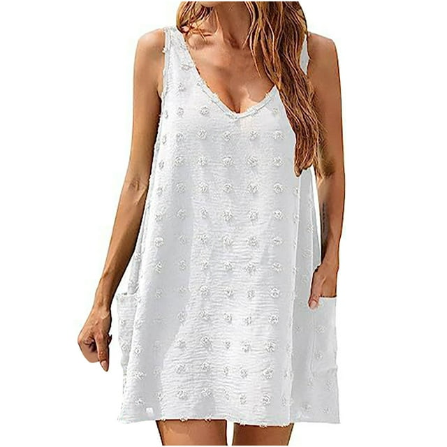 EQWLJWE Robes d'Été pour Femmes 2023 Robes pour Femmes en Solde Robe à Bretelles d'Été pour Femmes Robe de Plage Bord de Mer Jupe à Bretelles en Peluche avec Poche