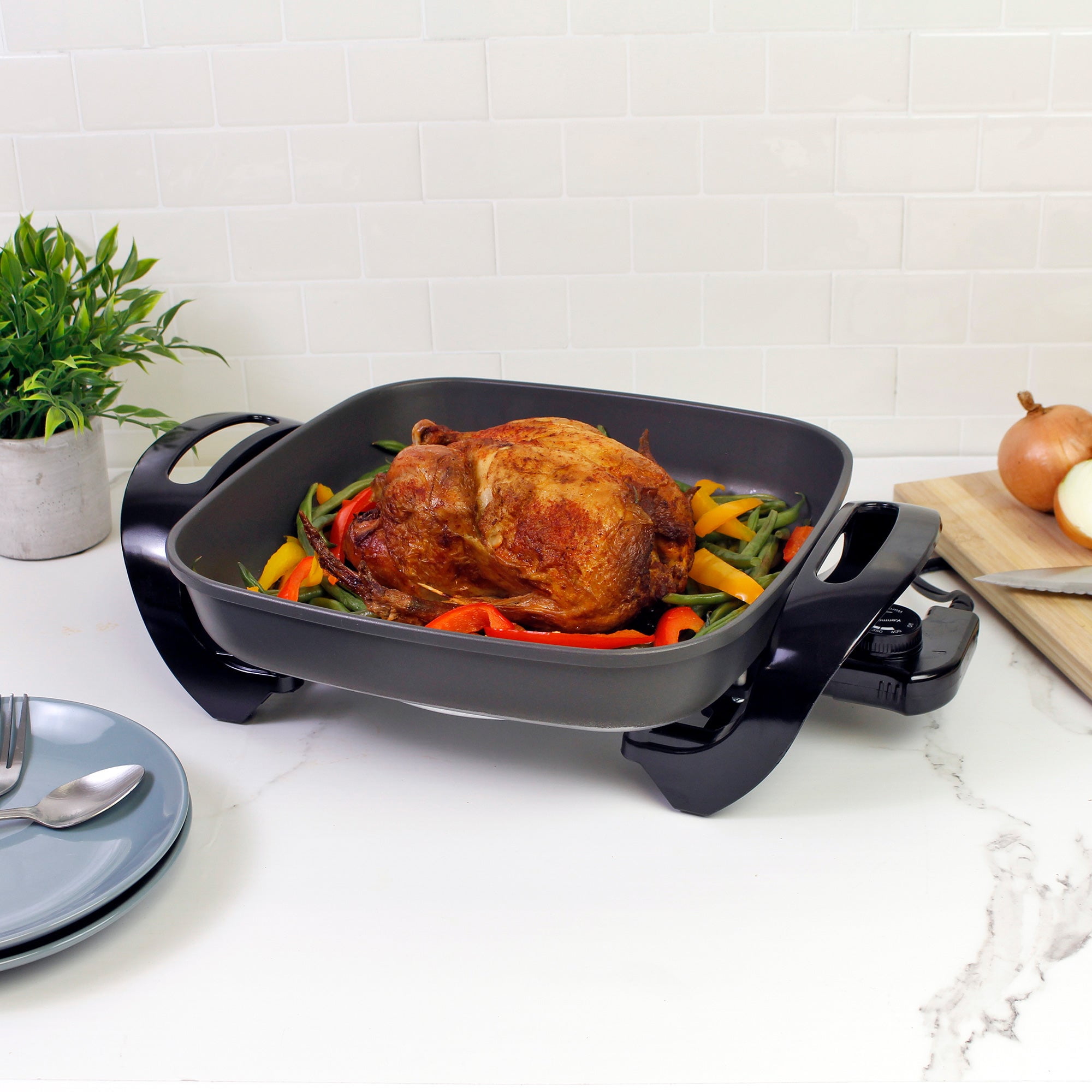 Kenmore Non-Stick Electric Skillet with Tempered Glass Lid, Black and Gray, Deep-Dish Frying Pan, 12" x 12" Cooking Surface, Vented Lid, One-Pot Cooking, Grill, Saute, Stir-Fry, Stew
