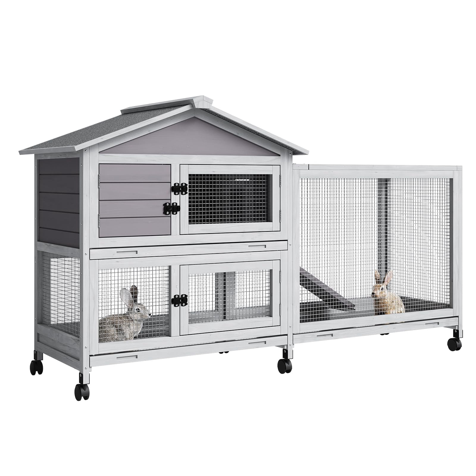 Danolapsi 63inch Rabbit Hutch with Ramp & Waterproof Roof, Bunny Cage for Indoor/Outdoor, 2-Story Design, Rabbit Cage with 6 Lockable Caster Wheels & Three Pull-Out Trays(ship in 2 boxes）