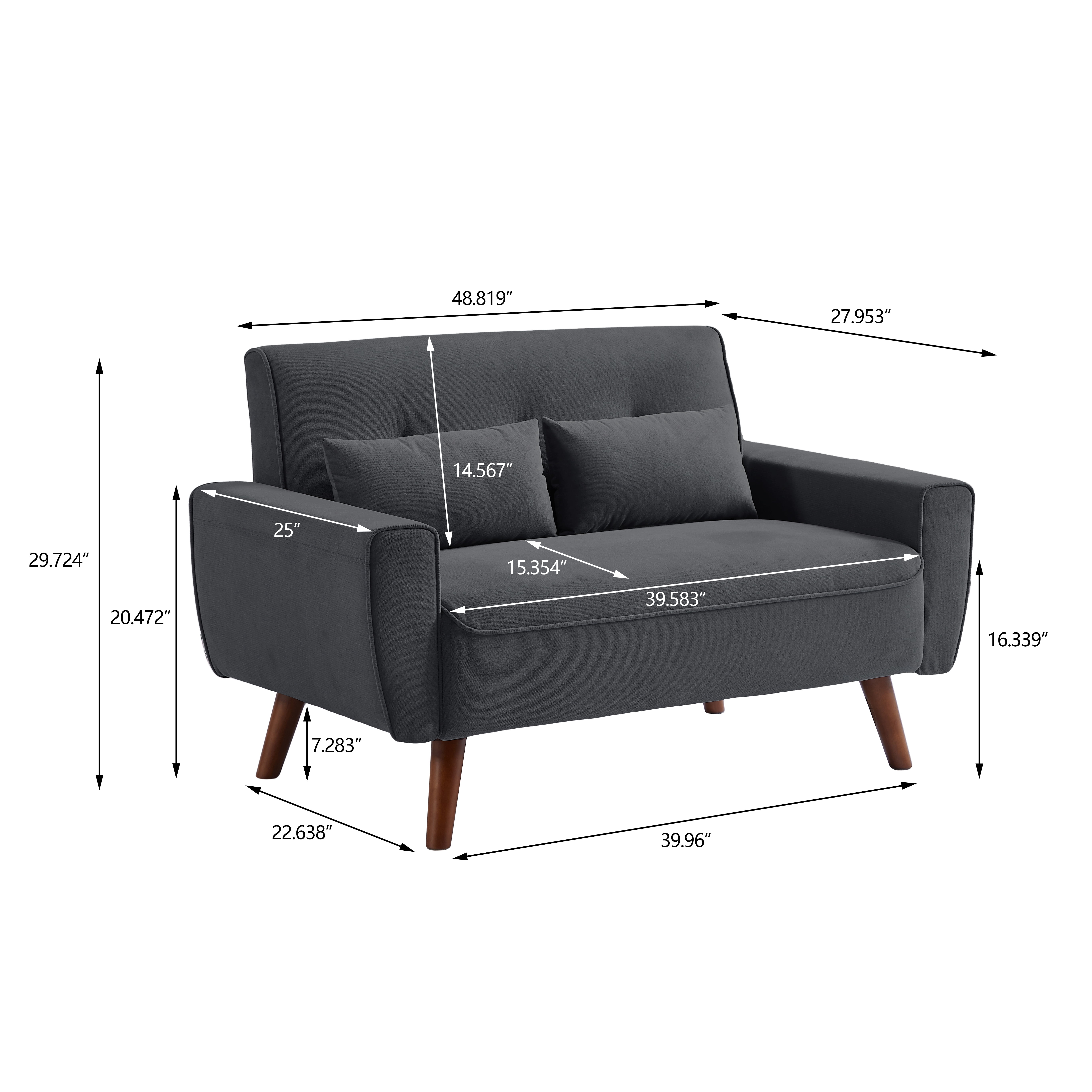 "Jarenie 47"" Mid-Century Modern Loveseat Sofa, Linen Fabric 2-Seat Couch with Tufted Back, Dark Grey"