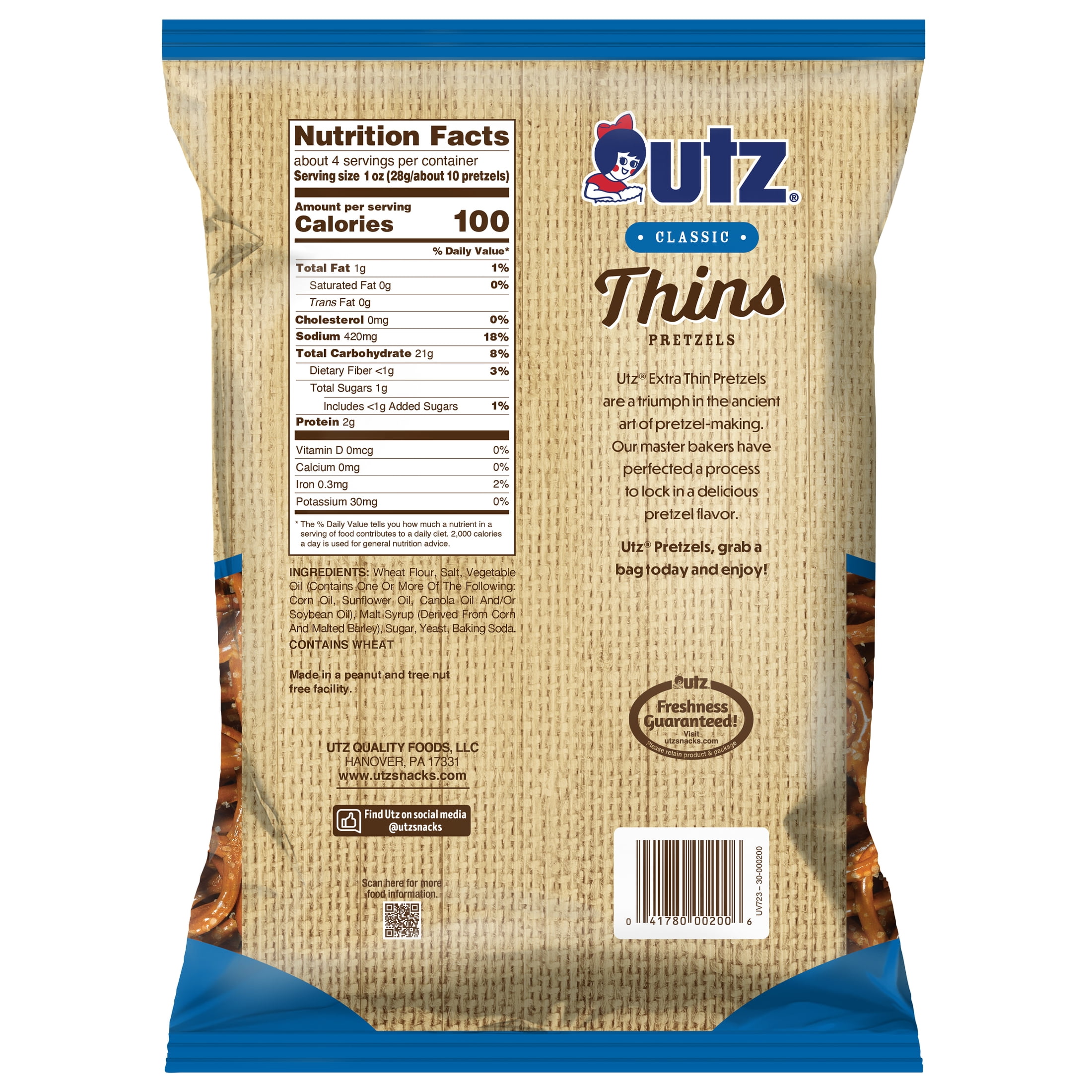 Utz Classic Thins Pretzels, 3.875 oz Bag
