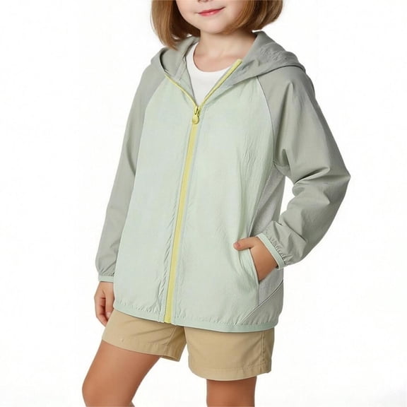 Spazoro Toddler Girls UPF 50  Sun Protection Jacket, Quick Dry Lightweight Breathable Hooded Zip Up Fashion Clothes for Outdoor Green Size 5-6