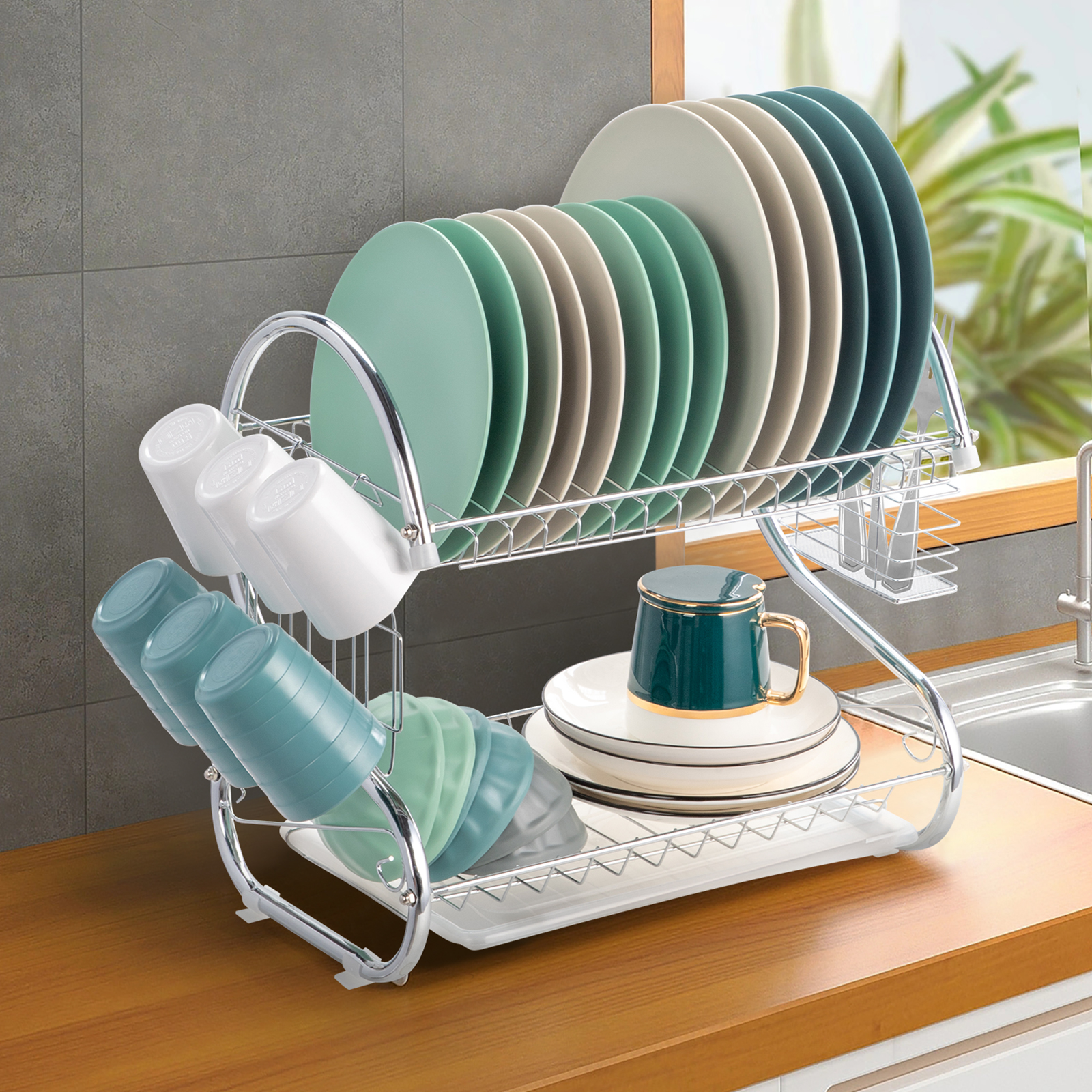 Ktaxon Kitchen Stainless Steel Dish Cup Drying Rack Holder 2-Tier Dish Rack Sink Drainer - image 2 of 11