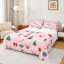 Homewish Kawaii Xmas Snowman Queen Sheet Sets,Wild Christmas Reindeer Flat Sheet,Happy New Year Queen Fitted Sheet For Kids,Luxury Bedroom Decor,4-Piece