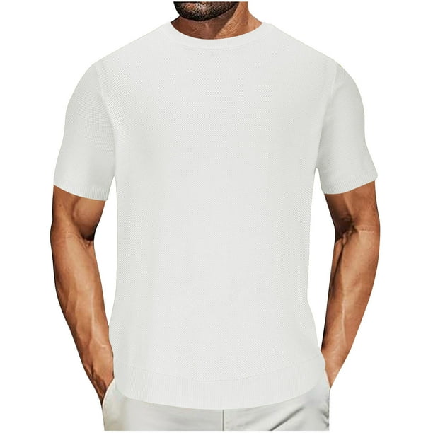 Camisetas de Algodón de los Hombres Verano Nueva de Punto Cuello Redondo Color Sólido Manga Corta Camiseta Casual de Moda