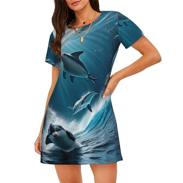 Fotbe Ice Blue Ocean Cute Dolphin A Bata de Dormir para Mujer con Estampado, Camisón de Algodón de Manga Corta, Ropa de Dormir Casual