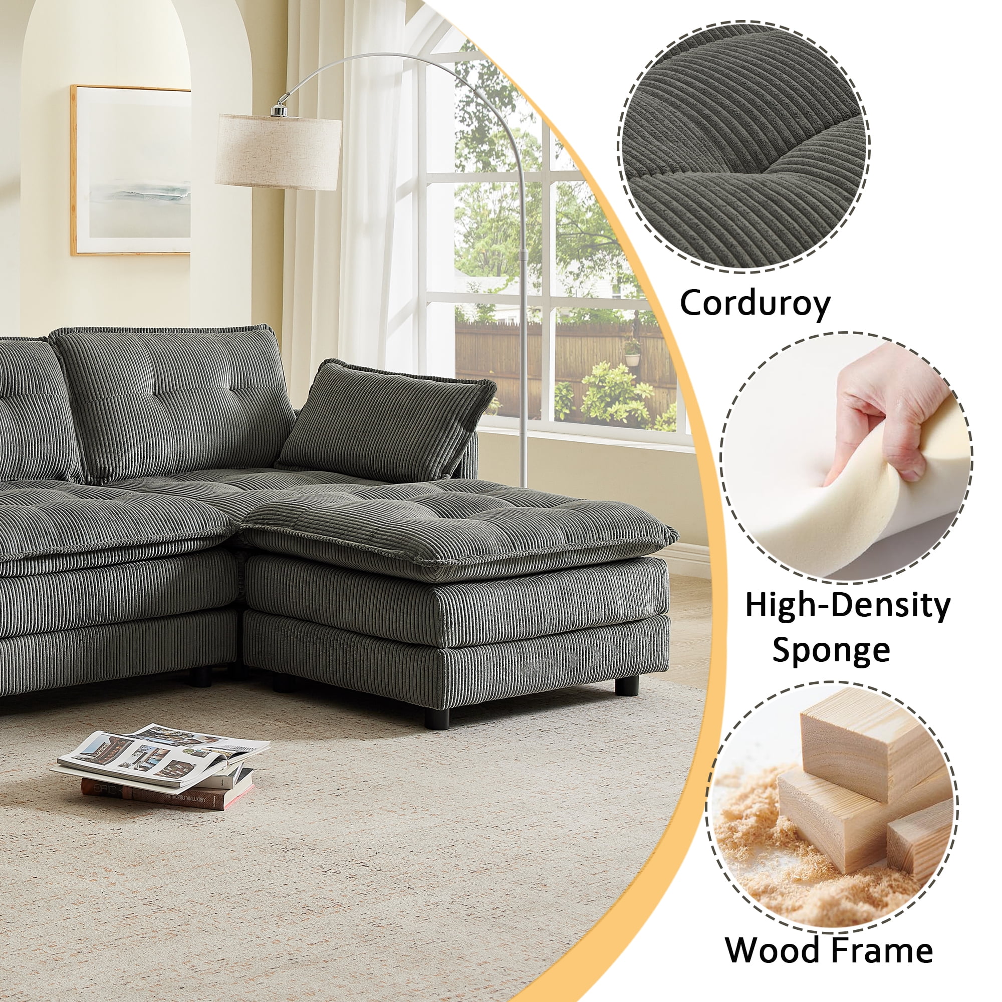Gewnee 154" U-Shaped Sectional Sofa,Modern Corduroy Modular Sofa Couch with Storage Function,USB &Cup Holders,Movable Ottoman Sectional Couch for Living Room,Gray