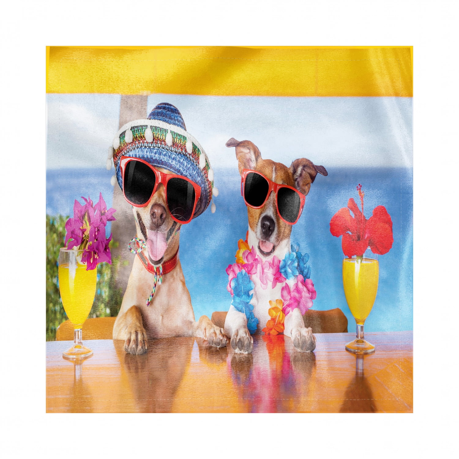 Funny Napkins Set of 4, Dog Friends Sitting at Bar Next to Sea with