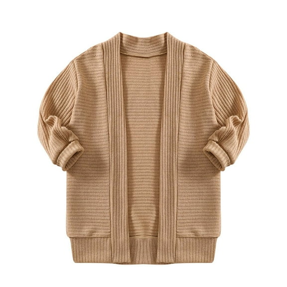 Toddler Open Front Cardigan Sweater New Kids Girls Open Front Cardigan Sweaters Long Sleeve Cable Knit Fashion Clothes with Pockets Khaki 5 Years