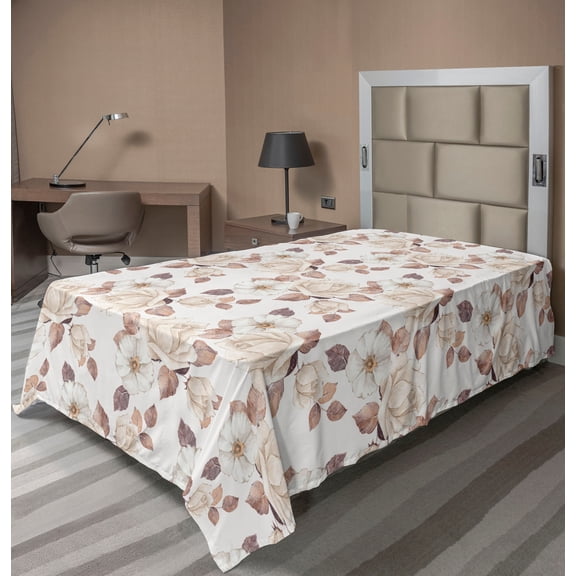 Ambesonne Vintage Floral Flat Bedding Sheet Soft Top Sheet, Romantic Blooms Boho, Twin, Champagne Pale Peach