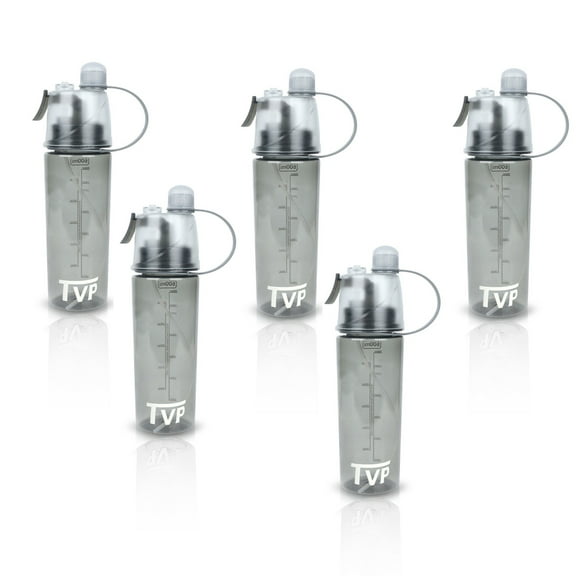 TVP Mist Spray and Sip, 2 in 1 Water Bottle for Sports & Outdoor Use, 20oz Black 5 Pack