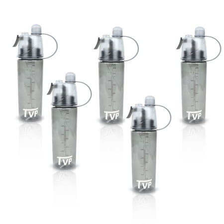 TVP Mist Spray and Sip, 2 in 1 Water Bottle for Sports & Outdoor Use, 20oz Black 5 Pack