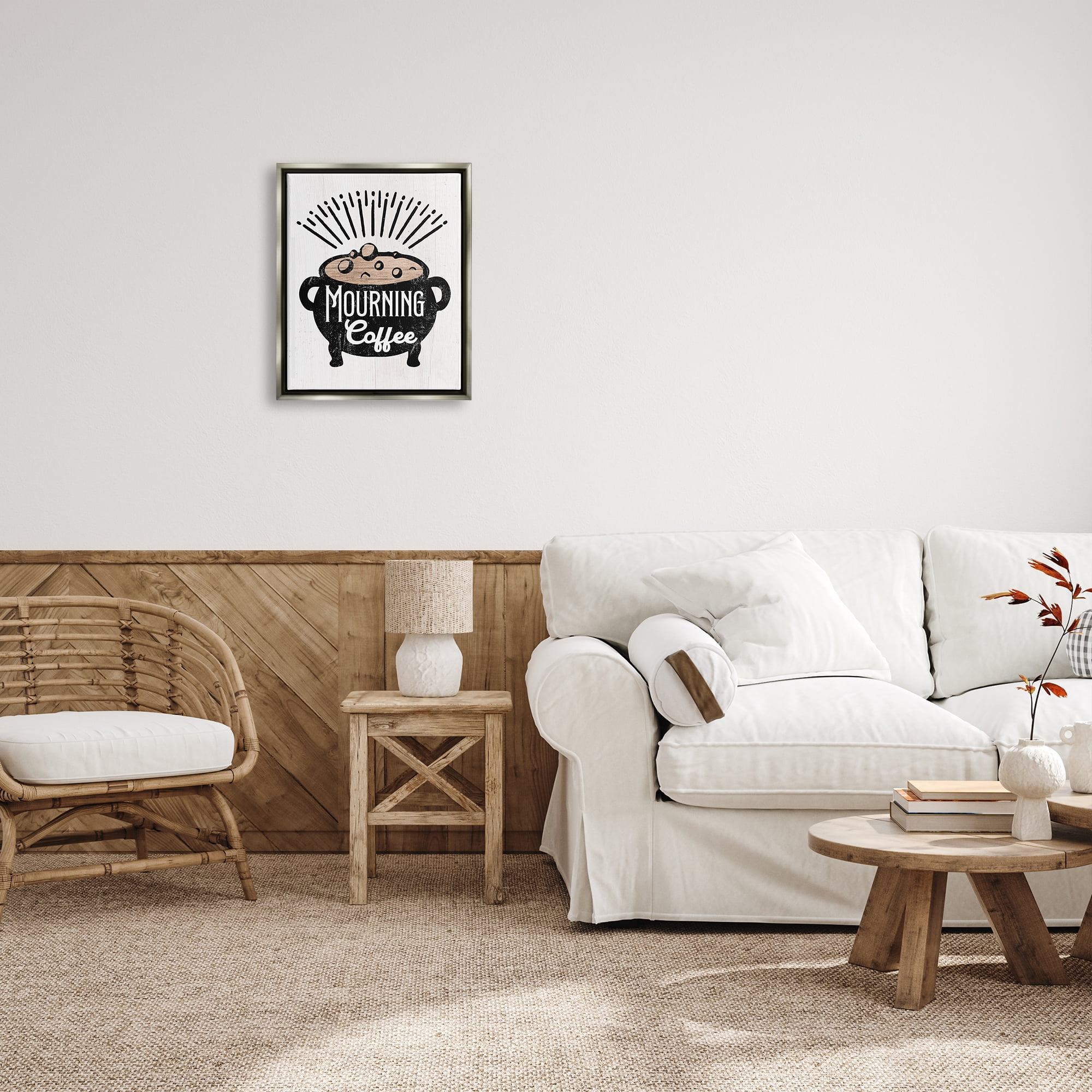 Stupell Industries Mourning Coffee Cauldron Holiday Painting Gray Floater Framed Canvas Art Print Wall Art, 17 x 21