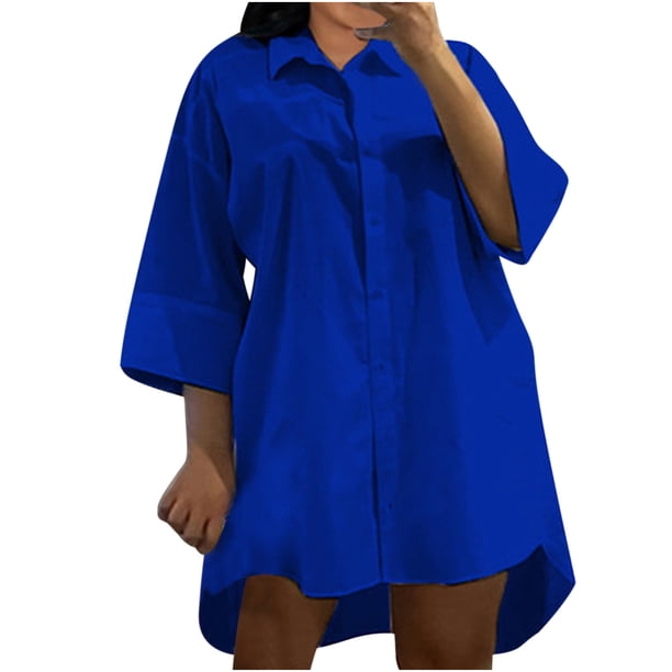 Camisa Con Botones Para Mujer, Manga Tres Cuartos, Cuello Vuelto, Vestido Suelto Informal Liso, Vestidos Odeerbi ODB-6