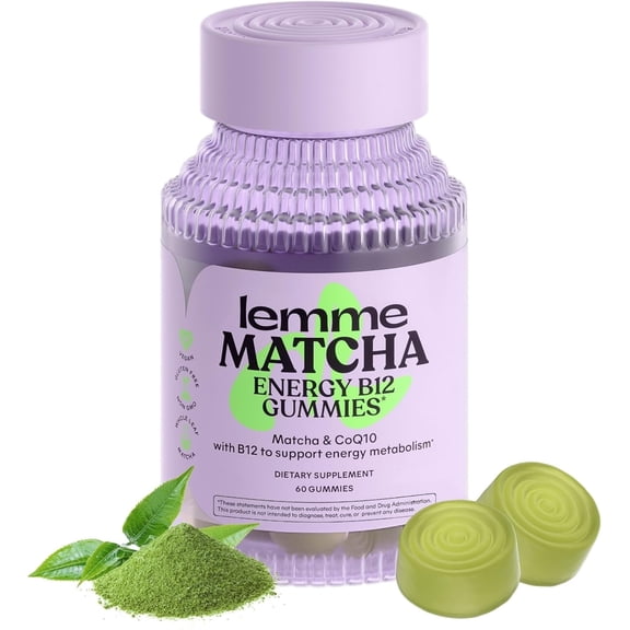 Lemme Matcha B12 Metabolism & Energy Gummies with Matcha Green Tea, B12 & CoQ10 for Cellular Energy, Metabolism & Healthy Skin, 60
