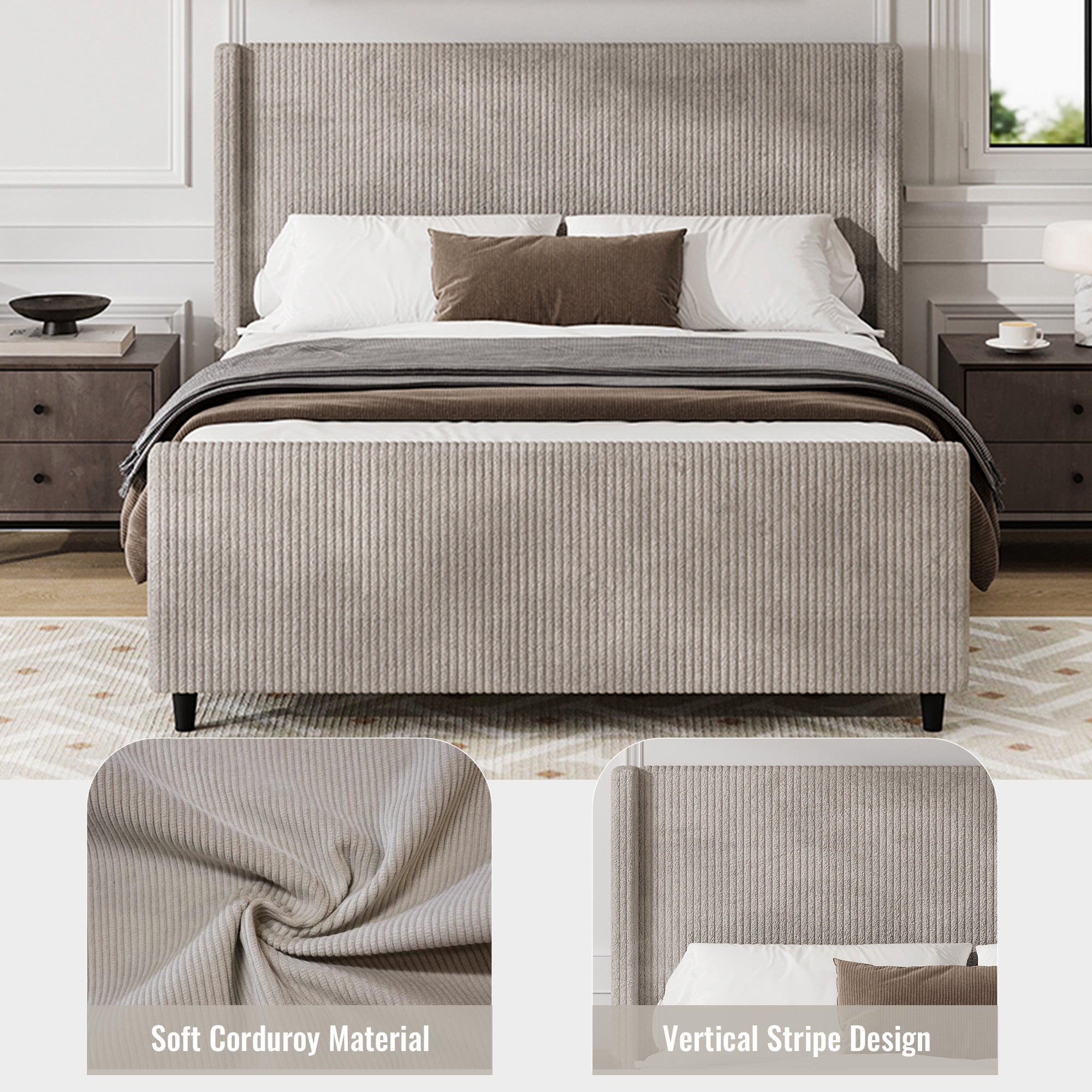 Miniyam King Size 50.7'' High Headboard Corduroy Upholstered Bed Frame with Vertical Stripe Wingback and High Footboard,No Box Spring Needed,Taupe