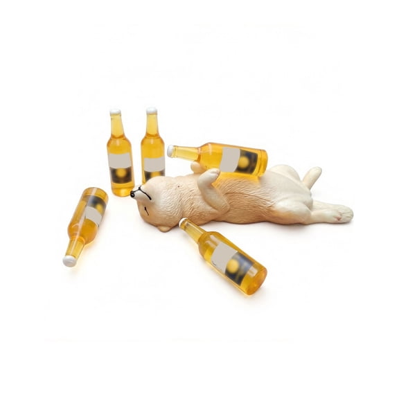 Sleeping Drunk Shiba Inu Car Dashboard Ornament with Mini Beer Bottle, Resin Cute Dog Vehicle Interior Decor, Funny Desktop Tabletop Figurine Gift