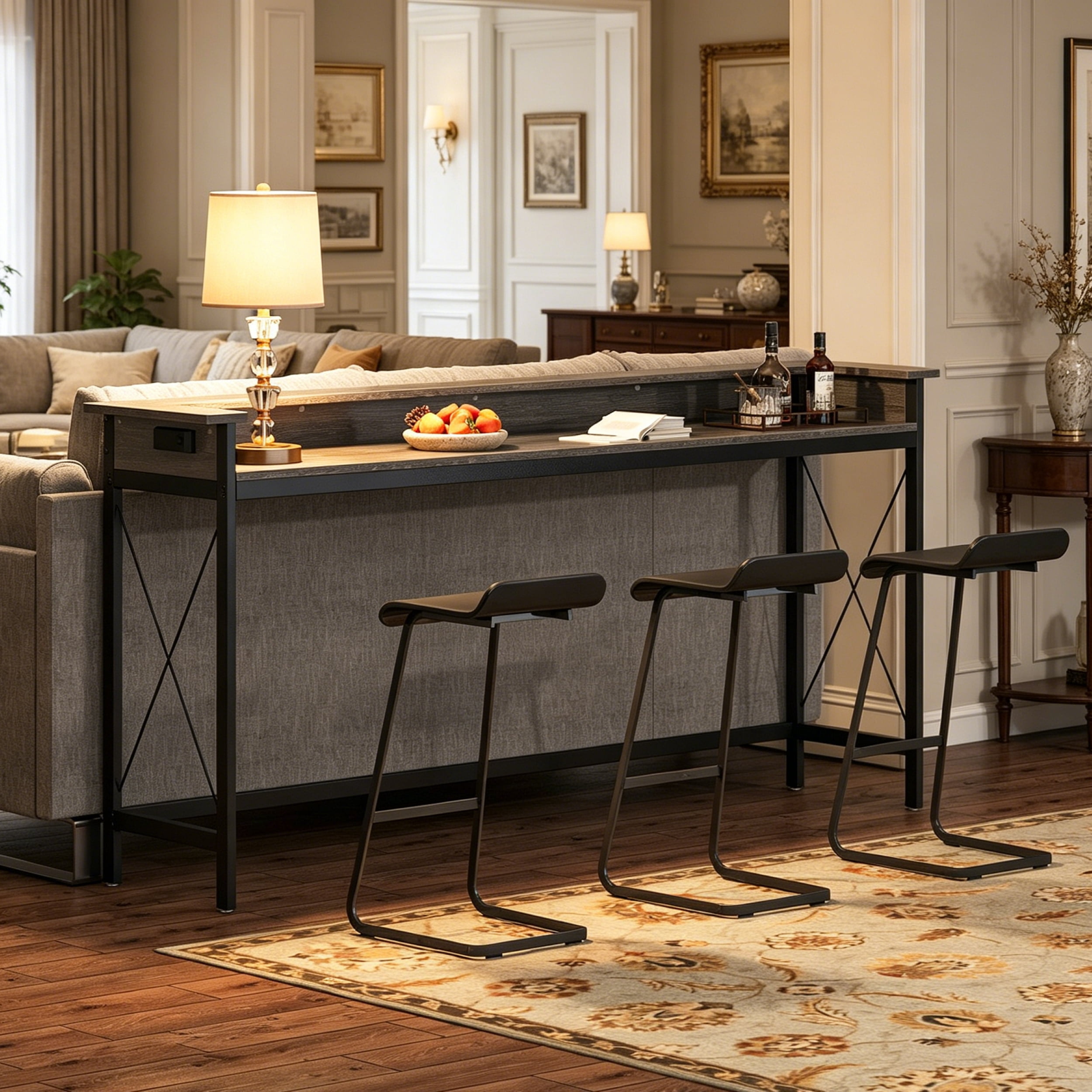 Fnova 70.9" Console Table, Extra Long Sofa Table with Outlets and USB Ports, Industrial Entryway Table with Charging Station, Narrow Hallway Accent Table for Living Room, Hallway, Foyer