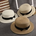 thumbnail image 3 of mdesiwst Beach Straw Hat Flat Top Wide Brim Sun Protection Hat with Black Ribbon Bow Hand-Woven Breathable Summer Hat, 3 of 8