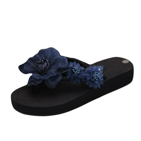 

iOPQO Women Flip Flops Fashion Flip- flop Women Slip-on Open Toe Flower Wedges Color Slipper Shoes Wedge heel sandals women s flip Navy 41