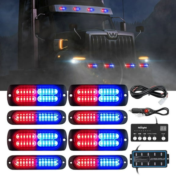 Nilight 8PCS Led Strobe Lights with Controller 12V 24V Sync Feature Red Blue Light 12 24 LED Surface Mount Emergency Hazard Warning for Vehicle Car Truck RV ATV
