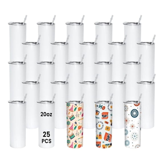 20oz Skinny Sublimation Tumblers - 25 Pack - Stainless Steel, Double Wall, White Blank Cups with Lids & Straws - Heat Transfer Polymer Coating