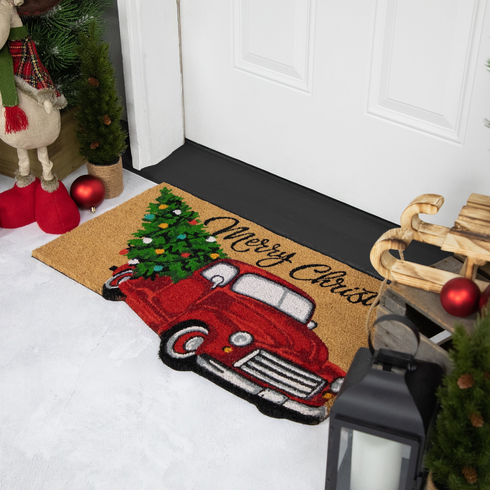 Northlight Red and Green Vintage Truck "Merry Christmas" Outdoor Natural Coir Doormat 18" x 30"