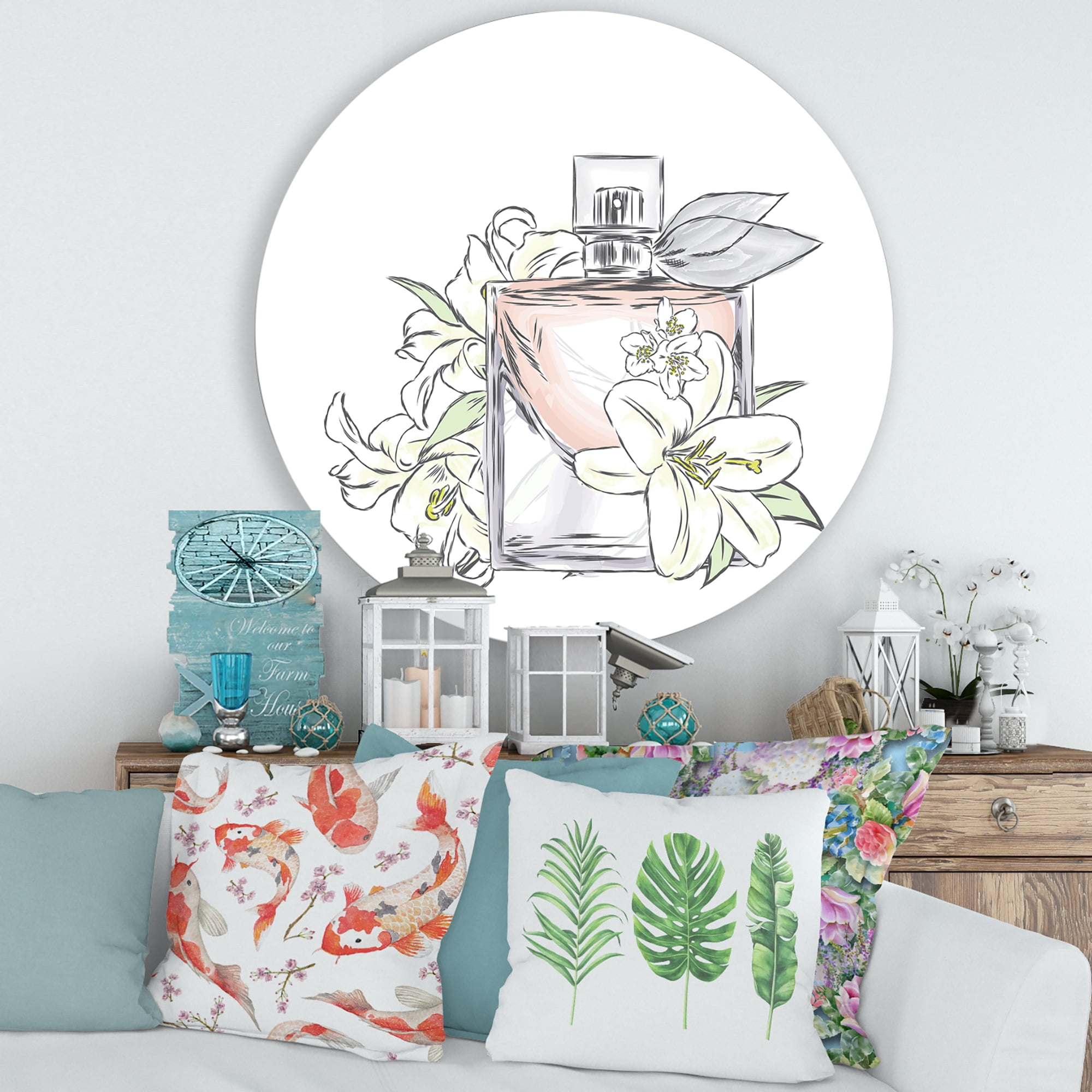 Designart 'Bouquet of Flowers and Perfume Bottle II' Traditional Circle Metal Wall Art 29x29 - Disc of 29