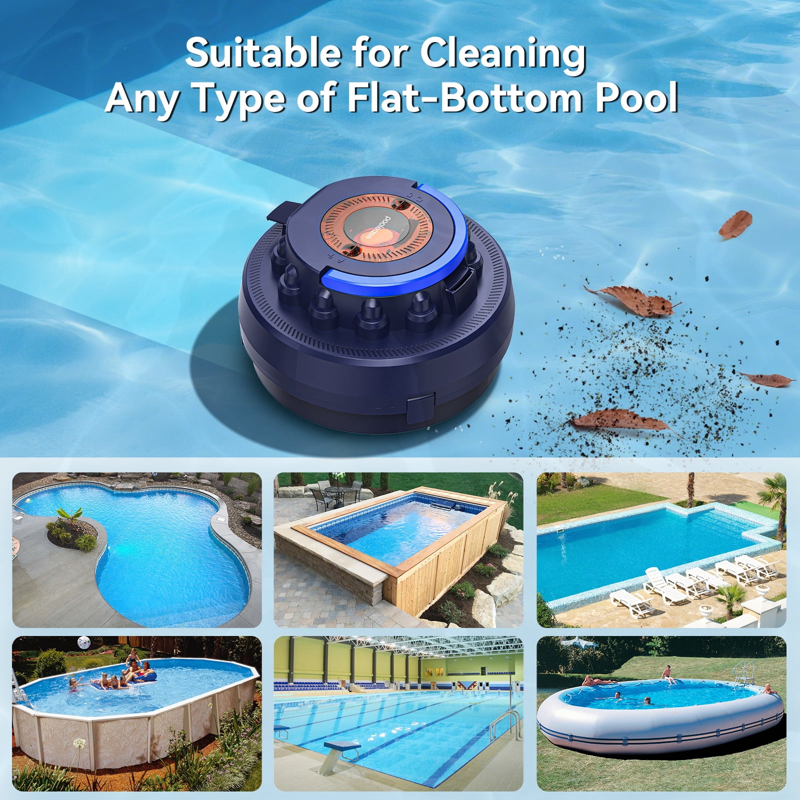 Poolease Swimming Pool Vacuum, Cordless Robotic Pool Cleaner, 2L Debris Tank, Auto-Parking, 9 Safety Protections, 40% Bigger Suction Inlets, for Pool Cleaning