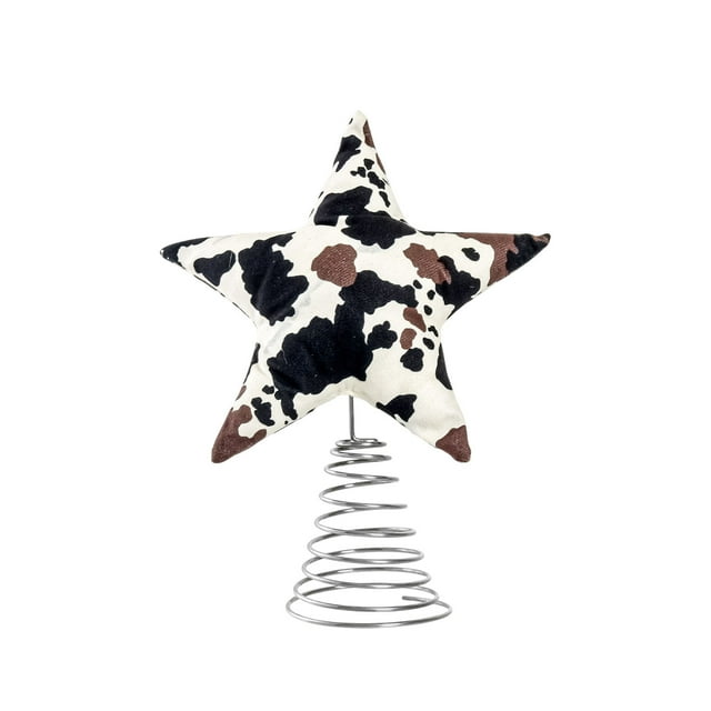 Qiulaii 2pcs Christmas Tree Topper Cow Pattern Pentagram Metal Spring Base Festive Holiday Decorations for Home Party