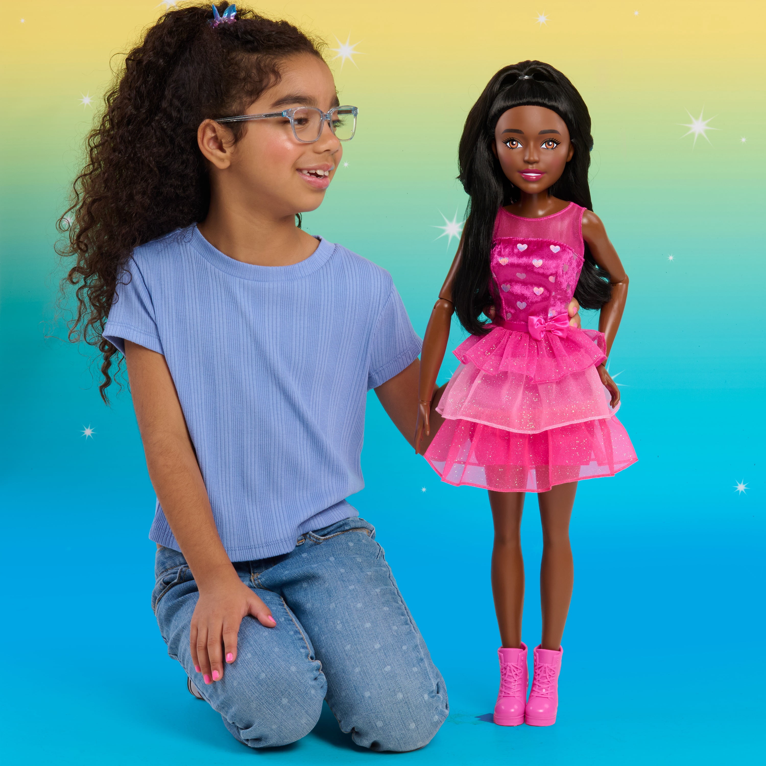 Barbie 28-Inch Fashion Doll, Large Brown-Haired Doll with Removable Shimmery Dress and Removable Shoes, Poseable Arms and Legs, and Brushable Hair, Toddler Toys, Ages 3 and up