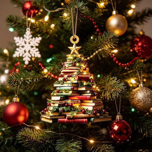2D Flat Christmas Book Ornament, Book Lover Tree Décor, Cozy Holiday Hanging Decoration for Readers, Unique Book Club Gift