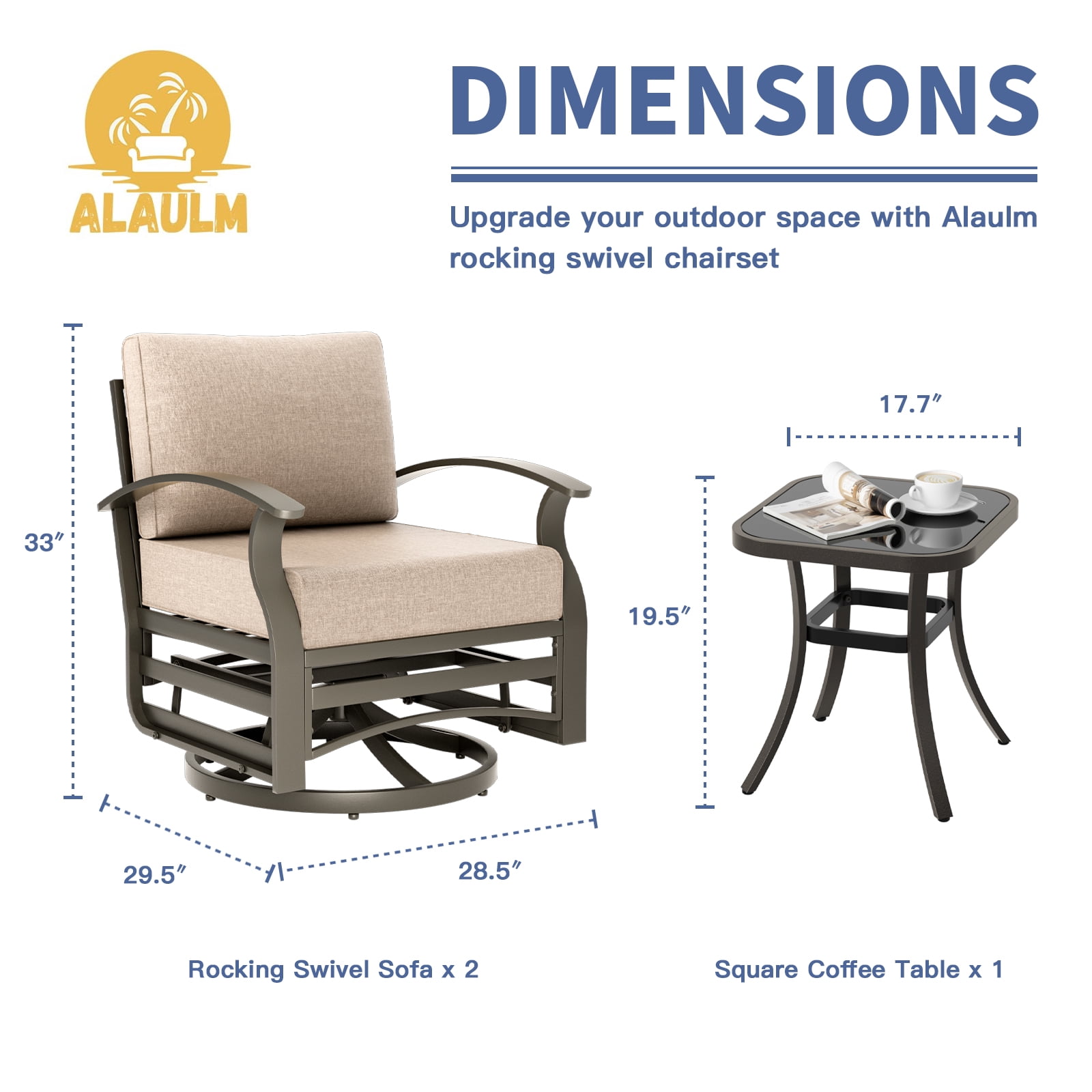 ALAULM 3 Piece Patio Outdoor Aluminum Metal Swivel Rocking Chair with 1 Coffee Table and 2 Khaki Padded Cushions Outdoor Metal Swivel Rocking Chair Furniture Conversation Set for Porch Garden