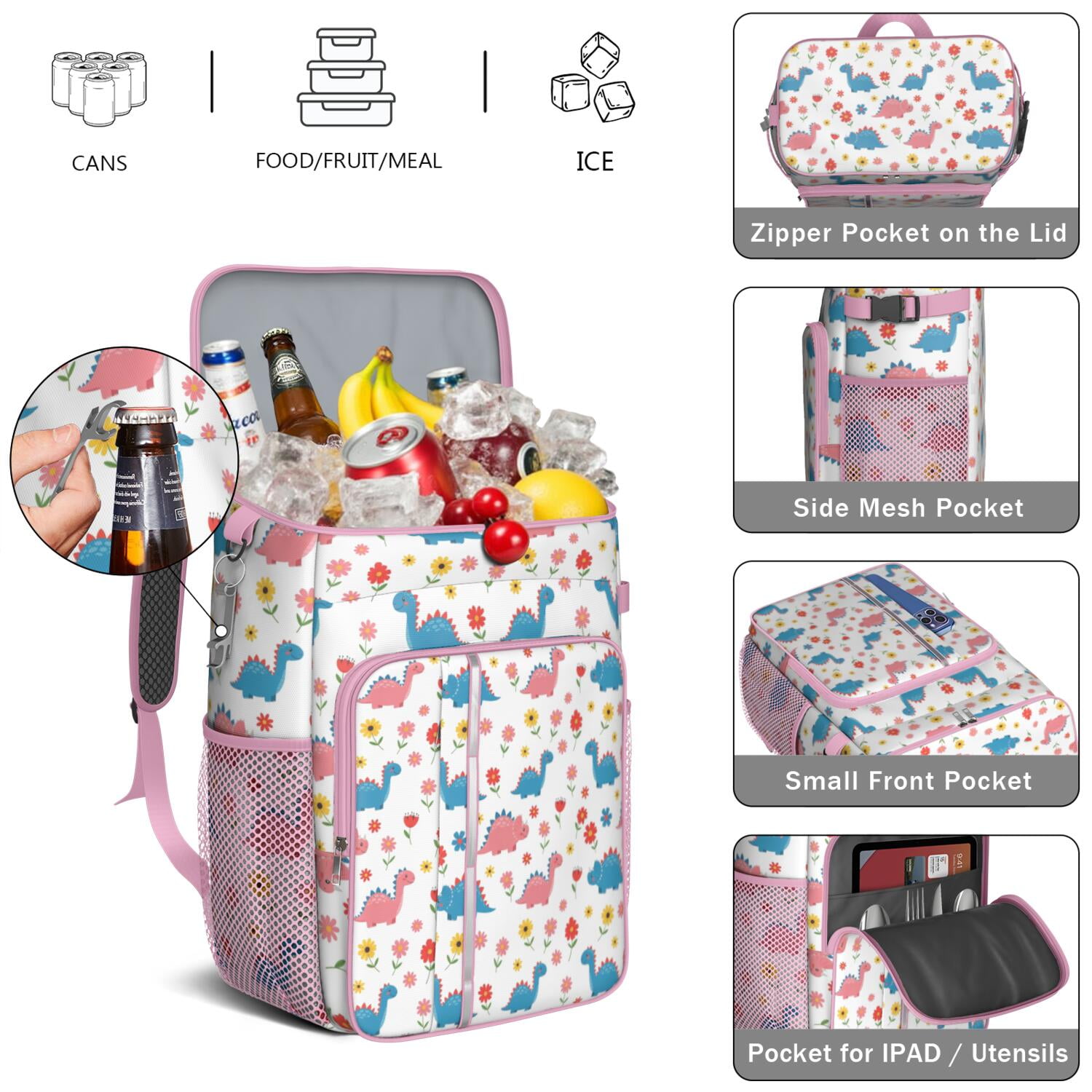Travel Cooler Bag - White Cartoon Dinosaurs Flowers Pattern Camping Beer Cooler Backpack with Bottle Opener- Waterproof Insulated Picnic Backpacks - Cooler Bag for Beach