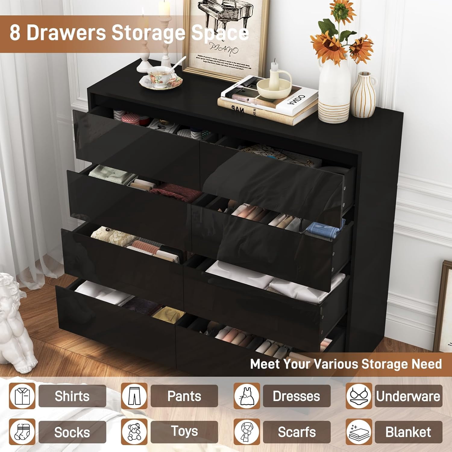 ChVans 8 Drawer Double Dresser for Bedroom, 47" Wide 41" Tall Modern High Gloss Black Dresser with Wood Chest of 8 Drawer Handle Free for Bedroom, Living Room, Entryway, Hallway