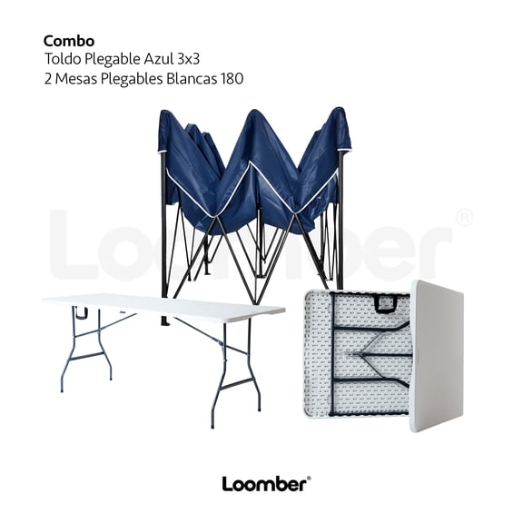 Paquete Toldo Plegable Azul 3x3 + 2 Mesas Plegables Blancas  180 cm Tipo Portafolio LOOMBER