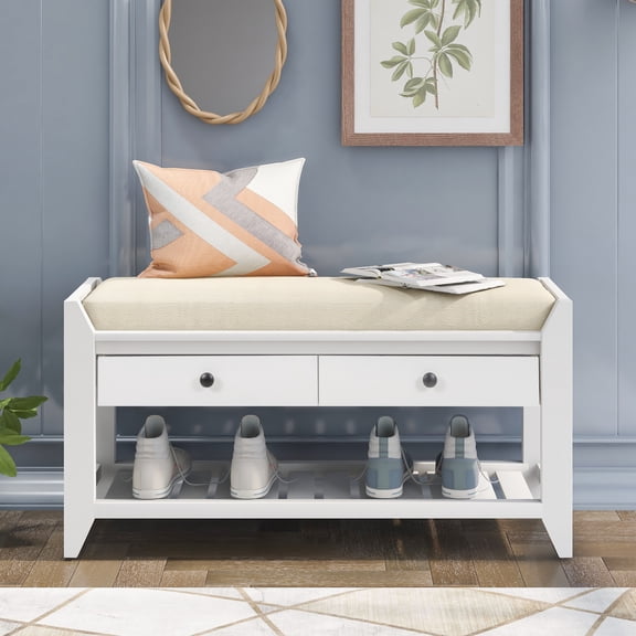 Shoe Rack Bench with Cushioned Seat and 2 Drawers, Multipurpose Classic Bench with Bottom Shelf for Shoe Storage, Modern Uphlostered Entryway Bench for Living Room, Hallway, White