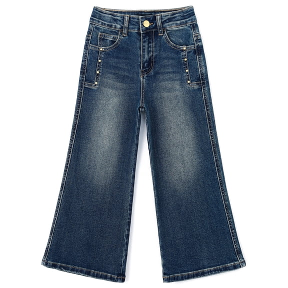 KIDSCOOL SPACE Girls Wide-leg Jeans,Baggy Stretchy Denim Pants with Metal Rivet Decoration,Blue,12-13 Years