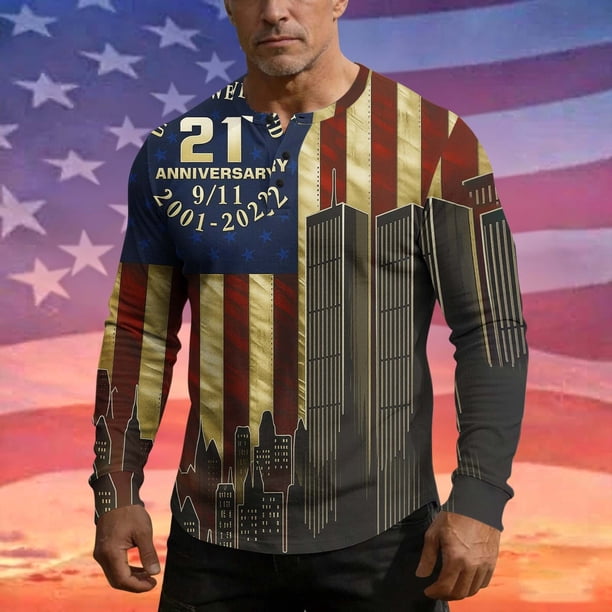 Ceisia Men's 9/11 Memorial Print Long Sleeve Henley Top Patriotic Casual Commemorative Shirt for All Seasons Multicolor M Gifts