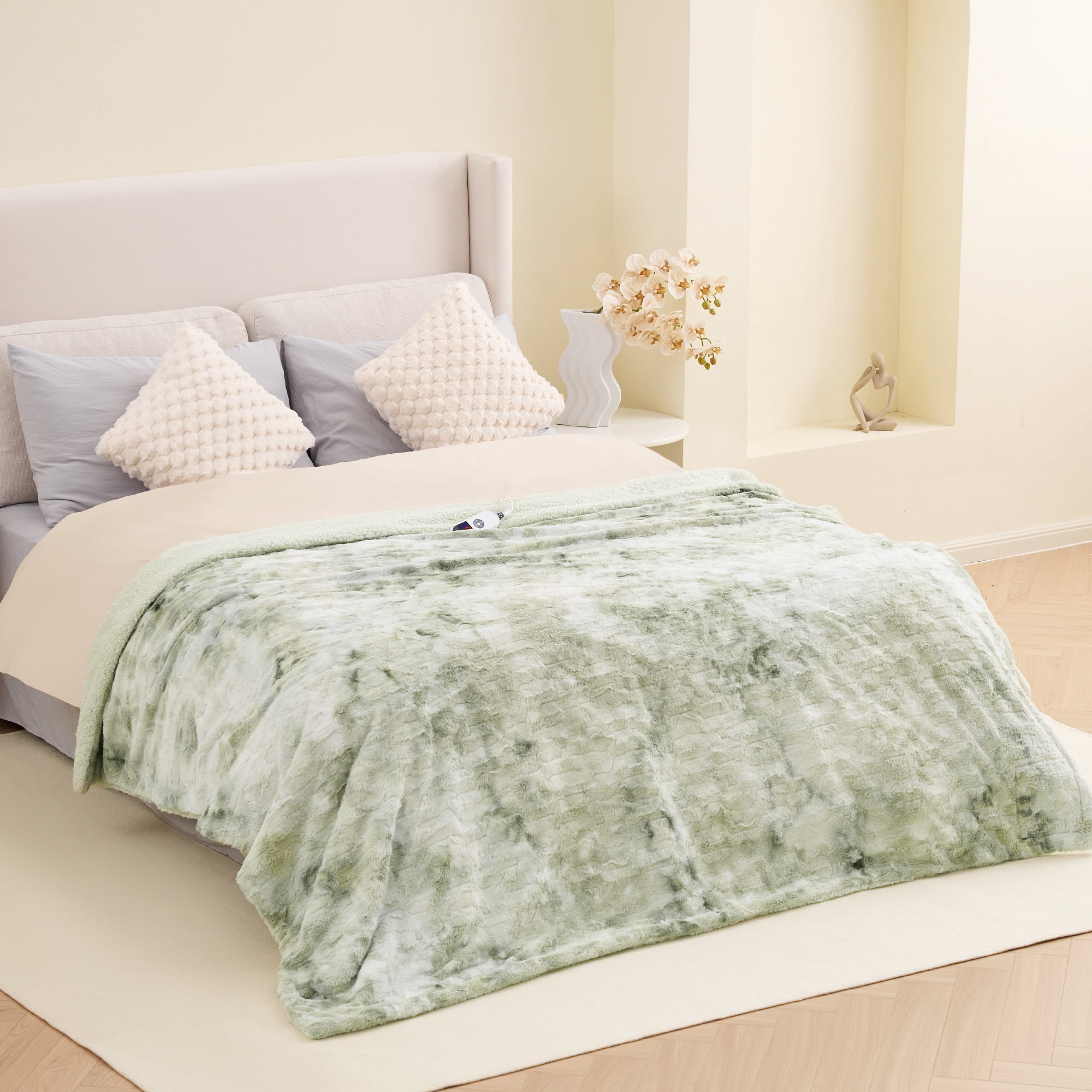 MARNUR Heated Blanket 72"x84" Faux Fur & Sherpa Electric Blanket with 6 Heat Levels, 10H Timer, LED Display, Machine Washable, Tie-Dye Green