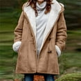 thumbnail image 3 of Savings Clearance 2024! Funicet Fuzzy Coat Women Winter Plus Size Solid Plus Velvet Coat Long Sleeve Horn Buckle Pocket Overcoat Tops Brown XL, 3 of 7