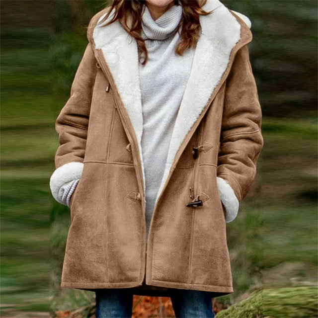 ICHUANYI Clearance Women Winter Plus Size Solid Plus Velvet Coat Long Sleeve Horn Buckle Pocket Overcoat Tops(Brown, L) ICHUANYI WER2023081509246