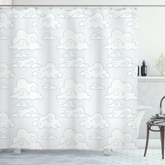 Cloud Shower Curtain, Minimalist Design of Linear Tibetan Clouds Swirled Hand Drawn Lines, Fabric Bathroom Set with Hooks, 69W X 84L Inches Extra Long, Azure Blue Coconut and White, by Ambesonne