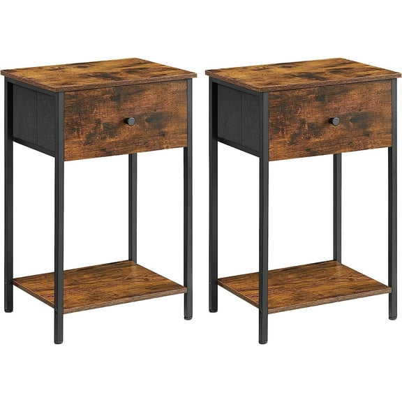 Nightstands, Set of 2 Side Fabric Drawer, 24-Inch Tall End Tables with Storage Shelf, Bedroom, Rustic Brown   Black